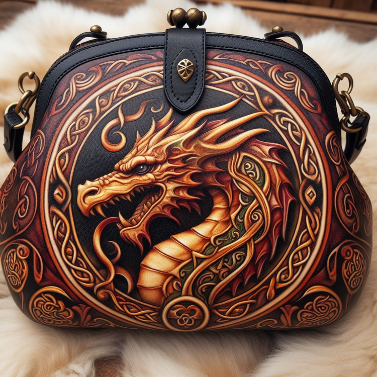 Tooled Nappa leather dragon handbag sitting on a medieval table surrounded by candles in a castle dining room