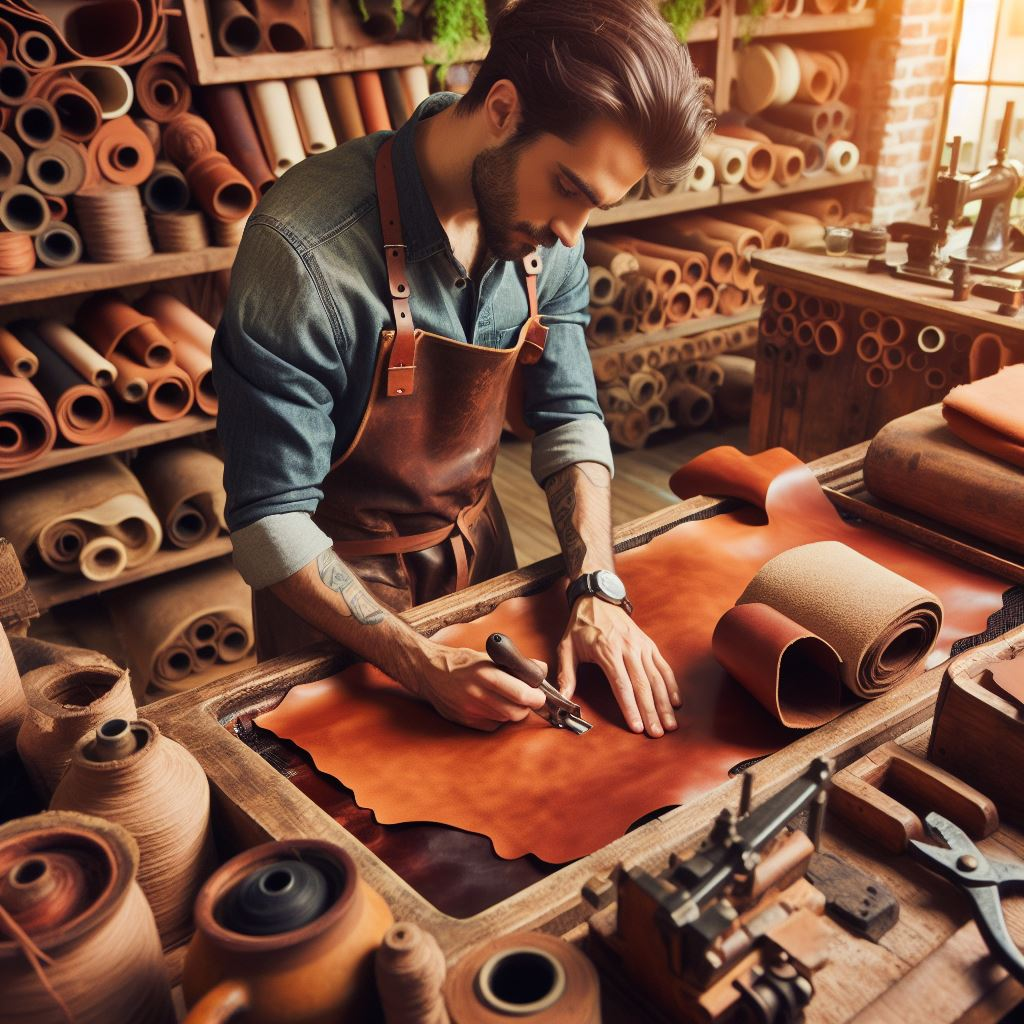 Image of a young, Italian leather craftsman working in his leather shop