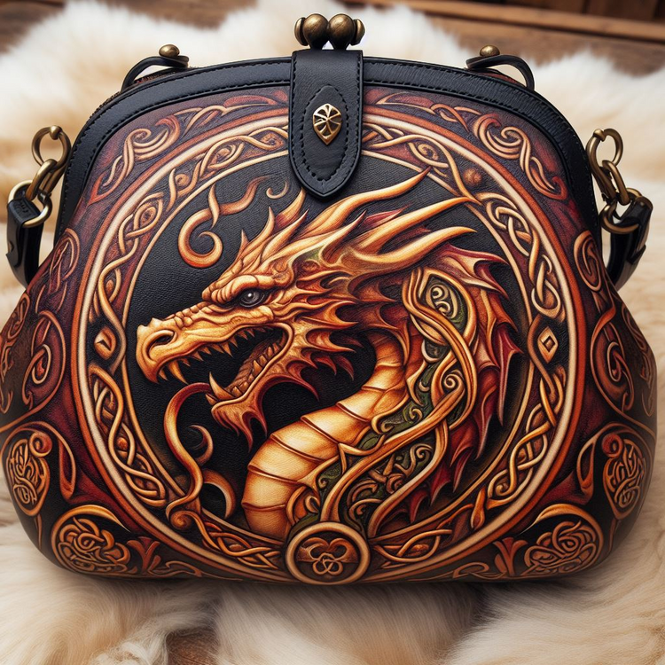 Tooled Nappa leather dragon handbag sitting on a medieval table  surrounded by candles in a castle dining room