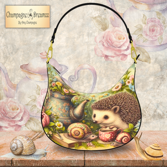 Hedgehog's Garden Party - A Leather Curve Hobo Bag - Handmade to Order