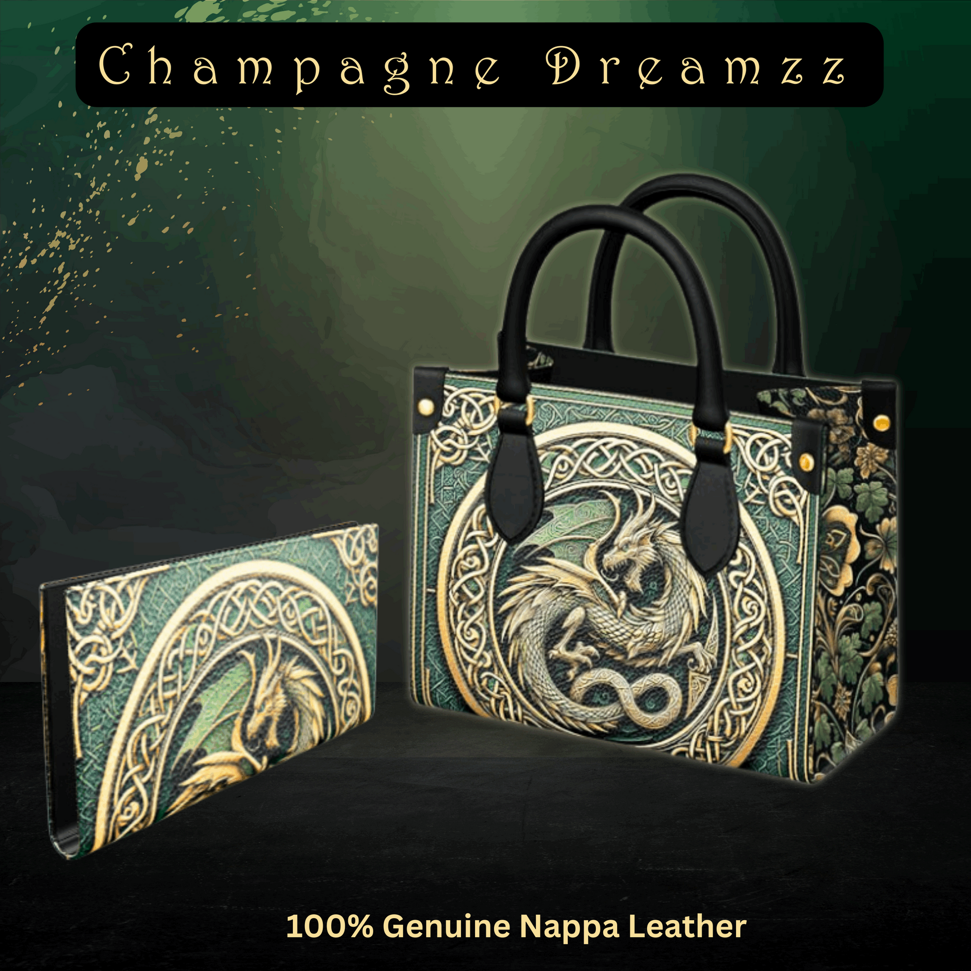 Celtic Green Dragon - Leather Mini Shopper Bag - Handmade to Order - Contrado