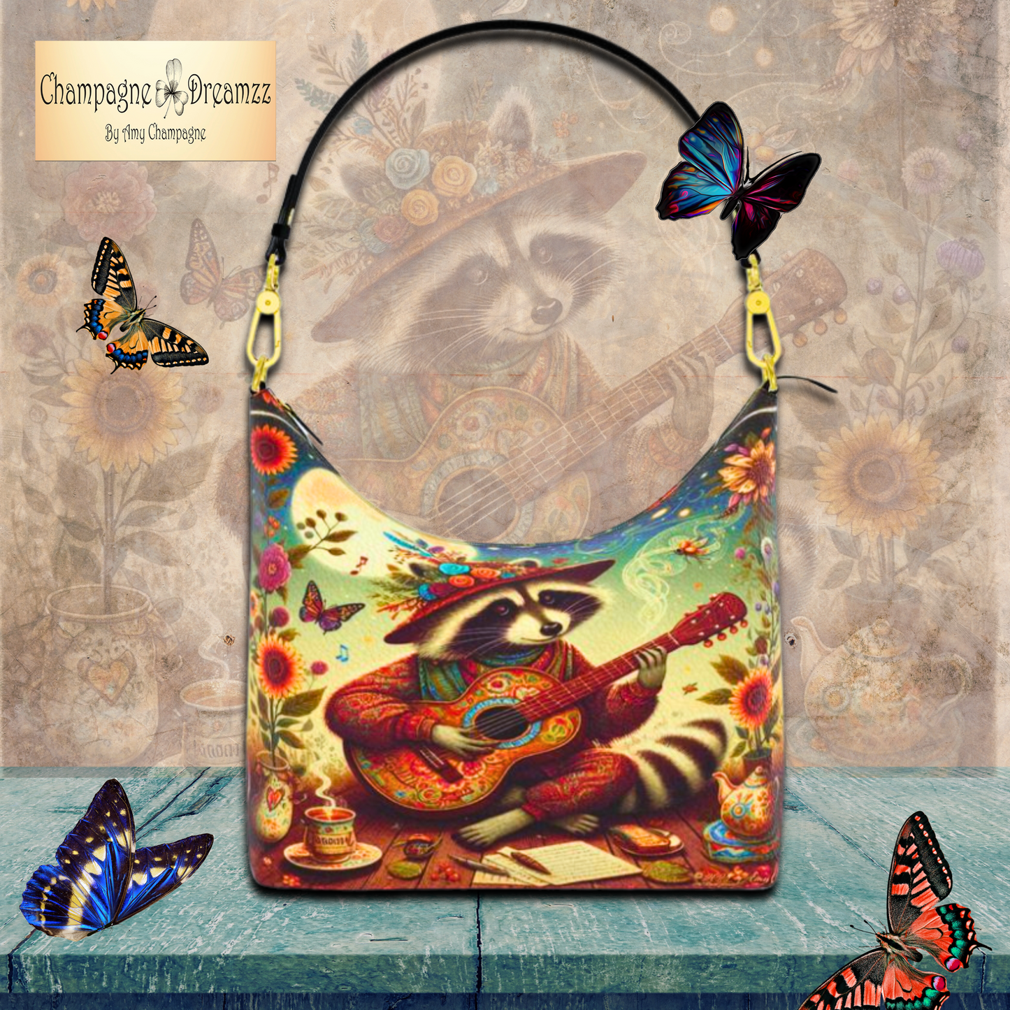 Raccoon's Moonlight Garden Jam - Square Leather Hobo Bag - Handmade to Order