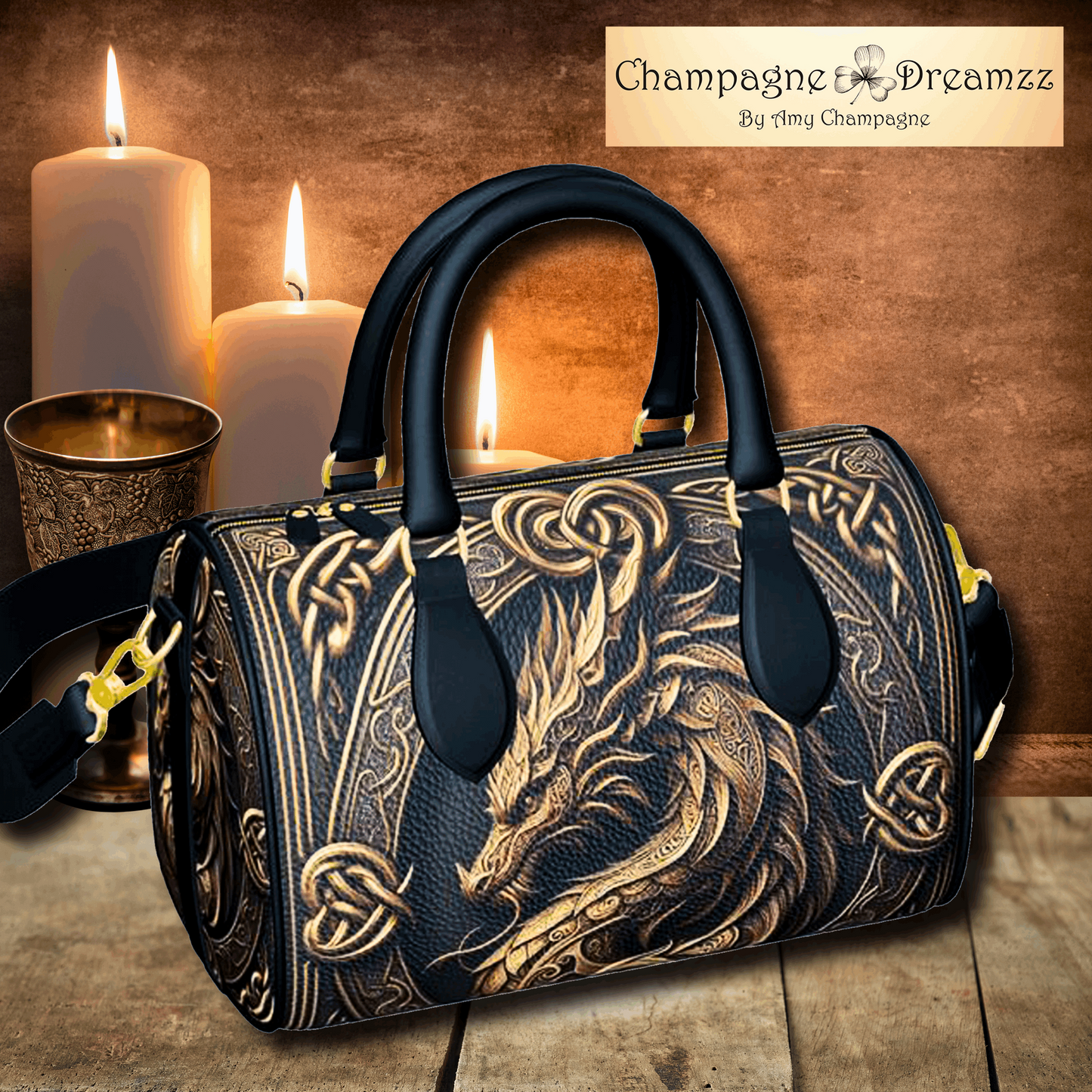 Celtic Dragon Bust - Tooled-Look Leather Mini Denbigh Duffel Handmade by Contrado