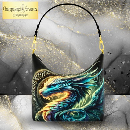 Celtic Ice Dragon Square Hobo Bag with Detachable Handle - Handmade to Order