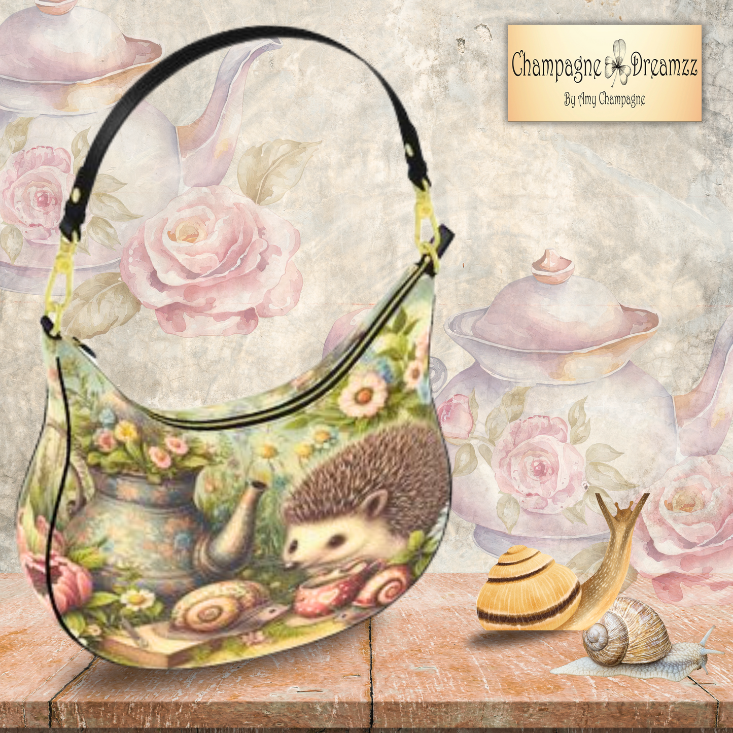 Hedgehog's Garden Party - A Leather Curve Hobo Bag - Handmade to Order