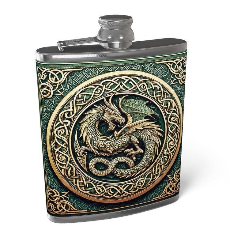 Celtic Green Dragon Leather Hip Flask - 4/6 oz- Made to Order