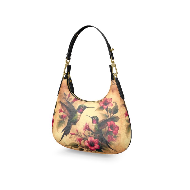 Hummingbird Fantasia Mini Curve Leather Hobo Bag Handmade to Order.