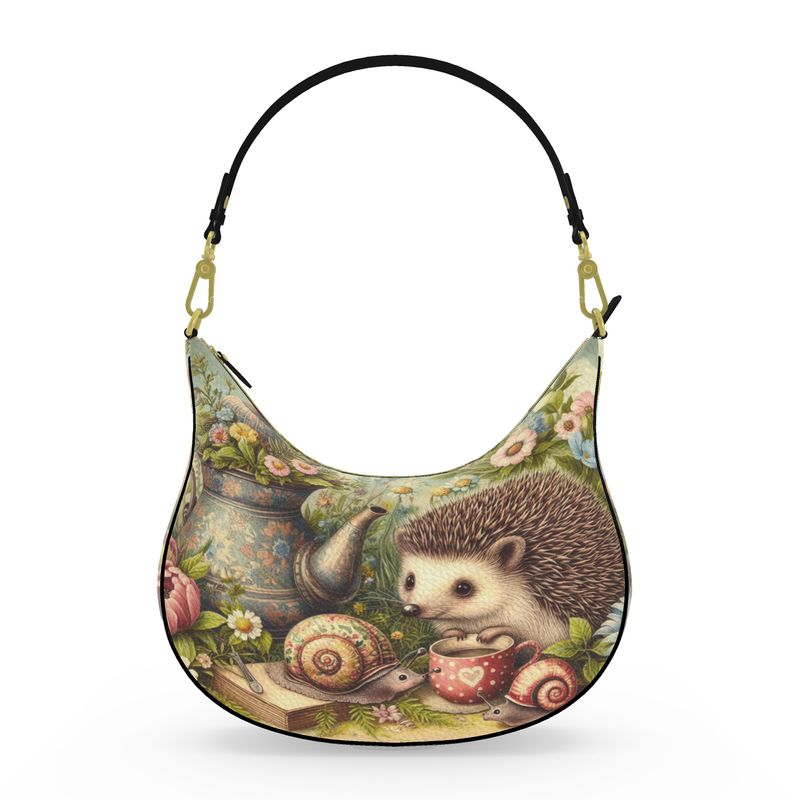 Hedgehog's Garden Party - A Leather Curve Hobo Bag - Handmade to Order