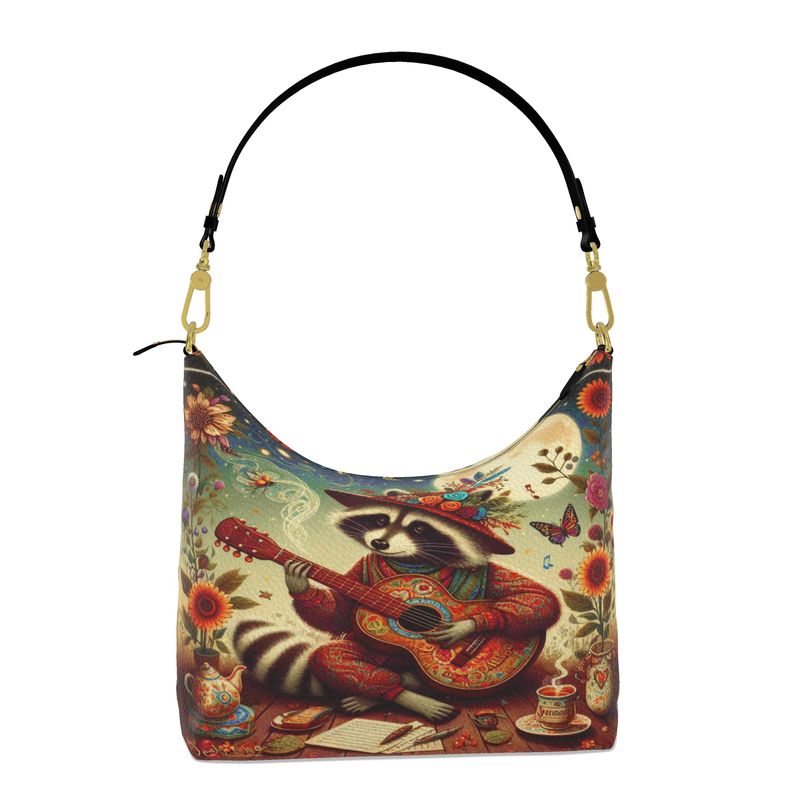 Raccoon's Moonlight Garden Jam - Square Leather Hobo Bag - Handmade to Order