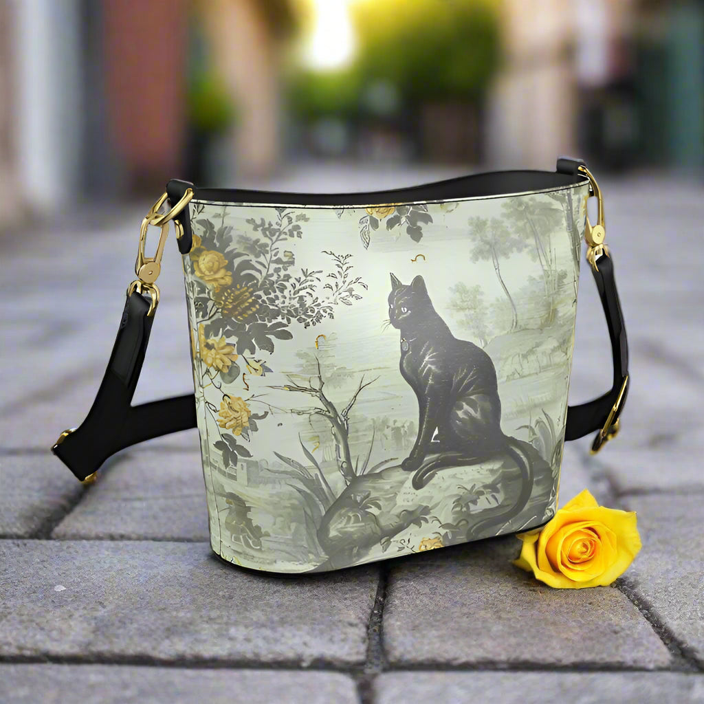 French Toile Black Cat Genuine Nappa Leather Penzance Bucket Bag