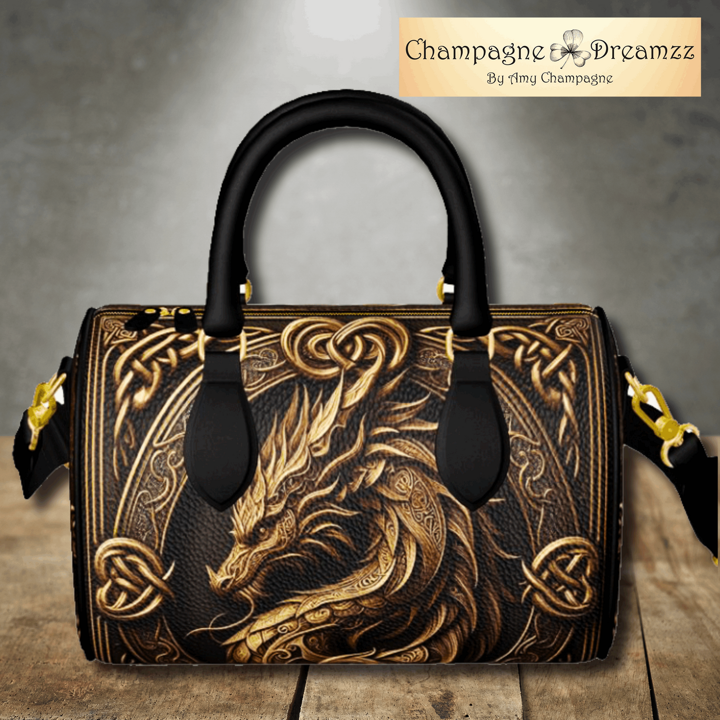 Celtic Dragon Bust - Tooled-Look Leather Mini Denbigh Duffel Handmade by Contrado