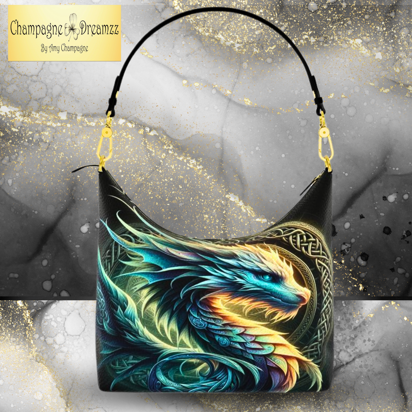 Celtic Ice Dragon Square Hobo Bag with Detachable Handle - Handmade to Order