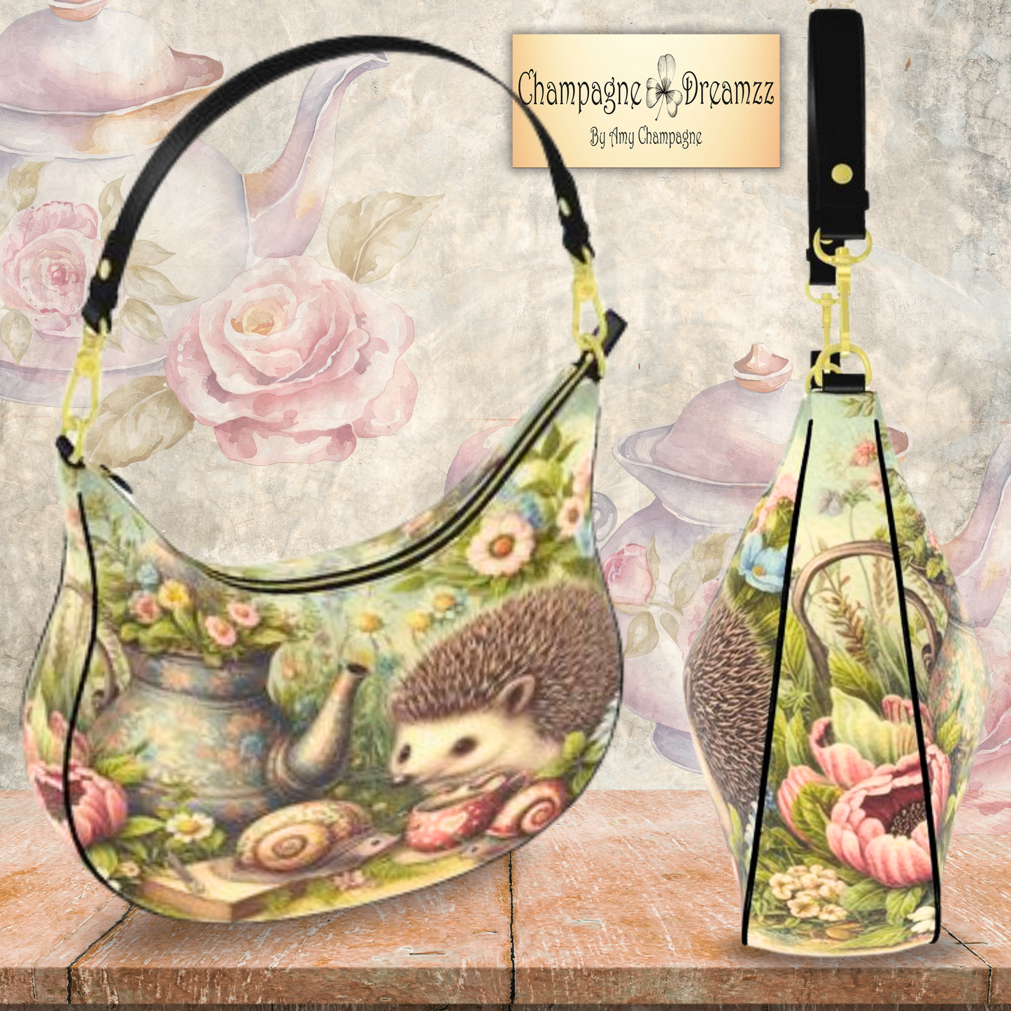 Hedgehog's Garden Party - A Leather Curve Hobo Bag - Handmade to Order