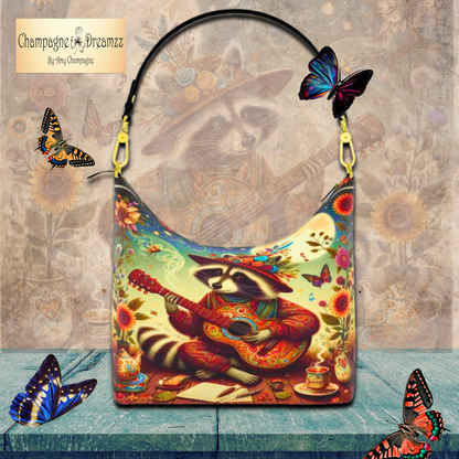 Raccoon's Moonlight Garden Jam - Square Leather Hobo Bag - Handmade to Order