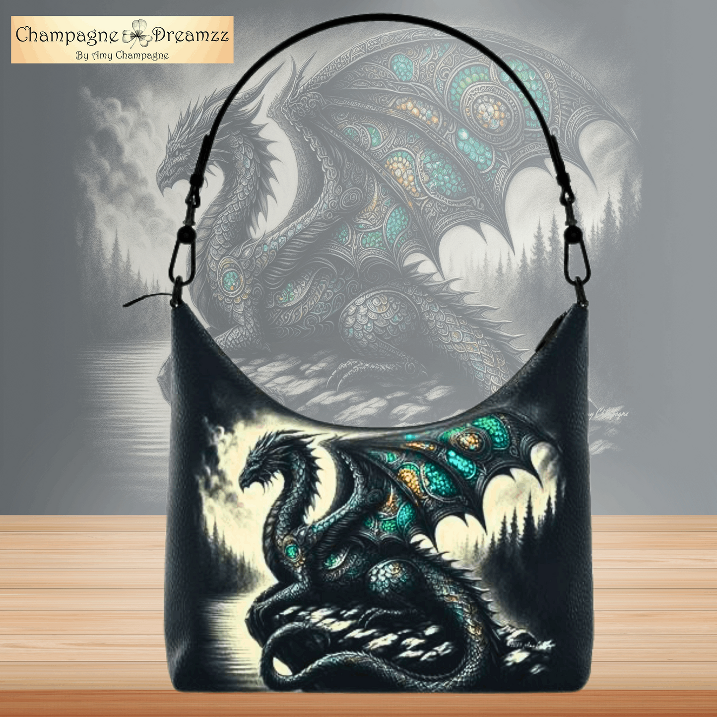 Black Celtic Dragon - Leather Square Hobo Bag Handmade by Contrado