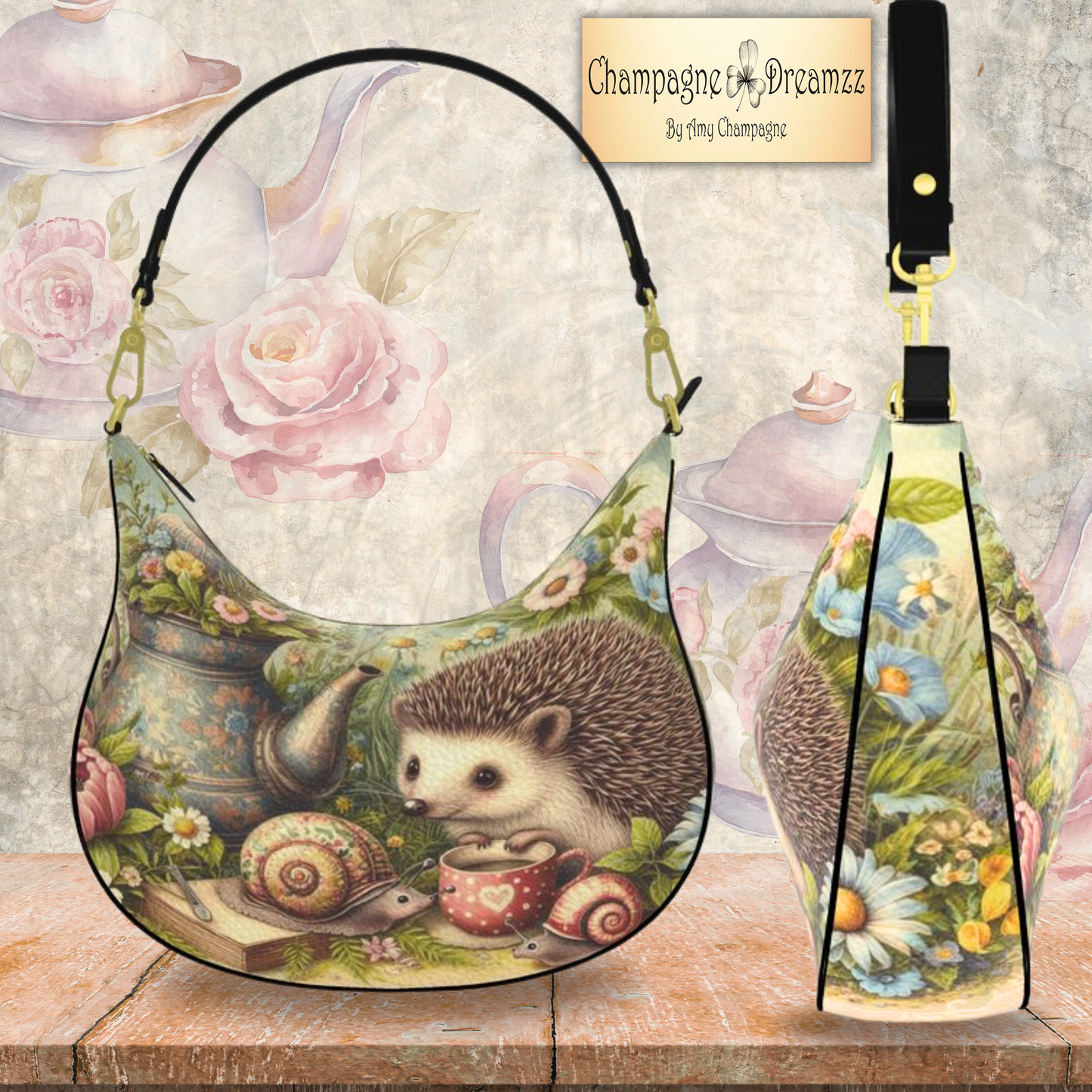 Hedgehog's Garden Party - A Leather Curve Hobo Bag - Handmade to Order