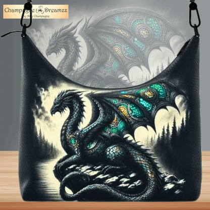 Black Celtic Dragon - Leather Square Hobo Bag Handmade by Contrado