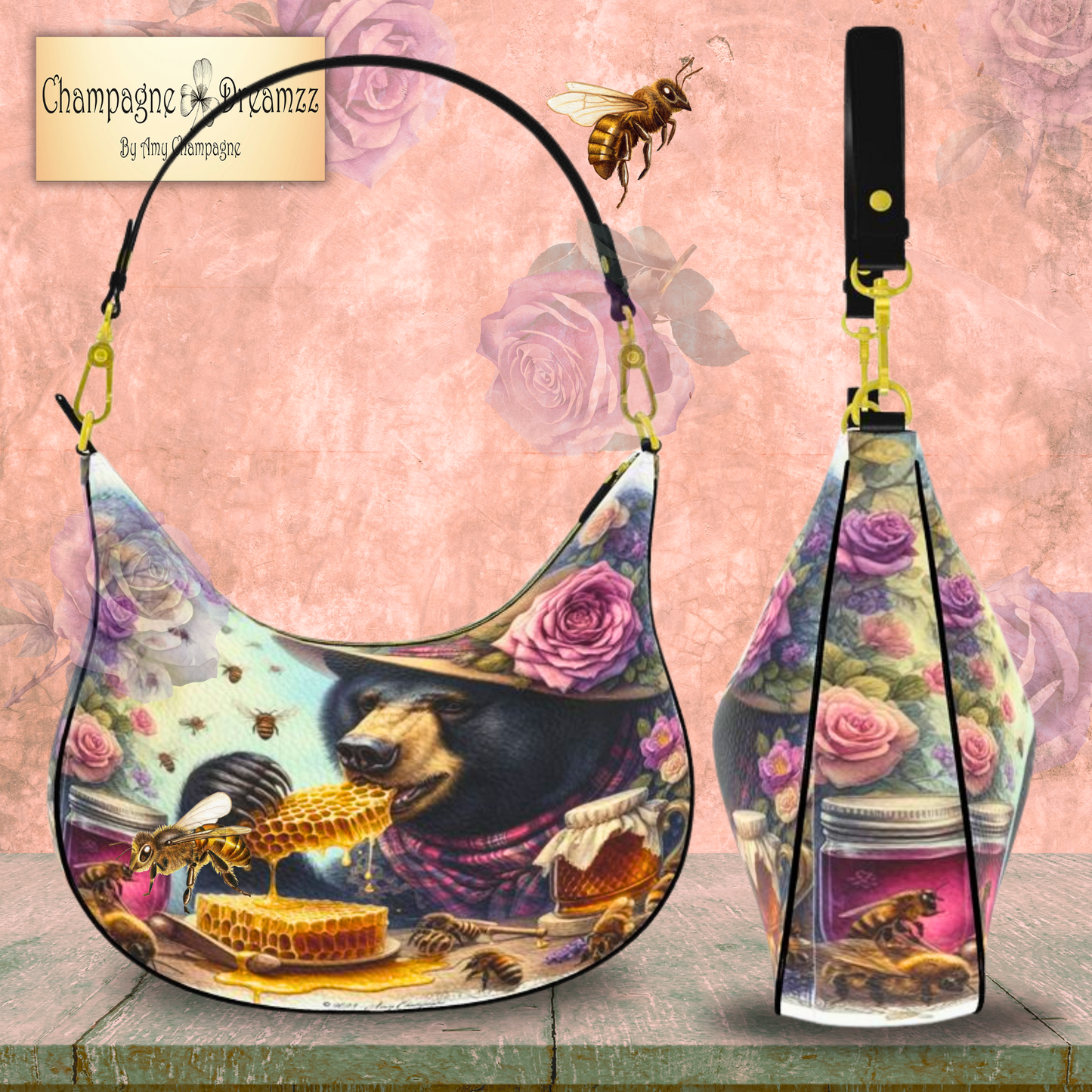 Honey Bear's Delight - Leather Curve Hobo Bag - Handmade to Order