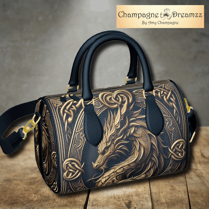 Celtic Dragon Bust - Tooled-Look Leather Mini Denbigh Duffel Handmade by Contrado