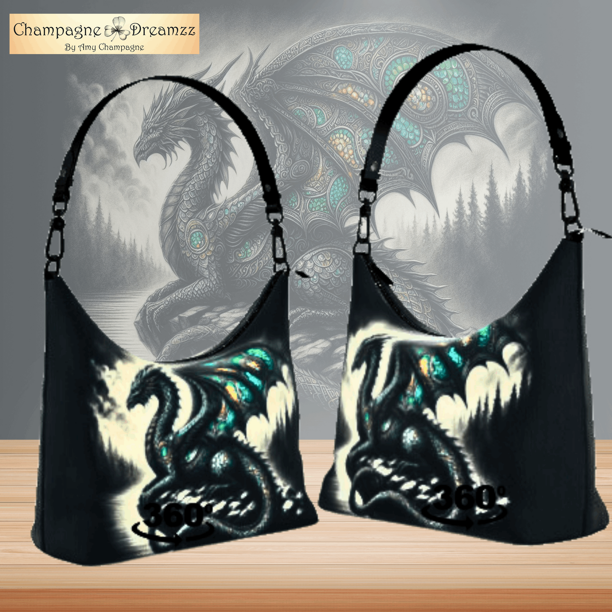 Black Celtic Dragon - Leather Square Hobo Bag Handmade by Contrado