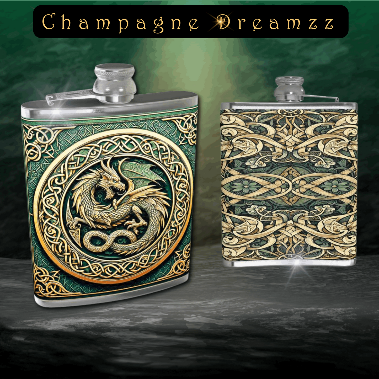 Celtic Green Dragon Leather Hip Flask - 4/6 oz- Made to Order - Contrado