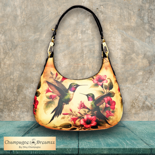 Hummingbird Fantasia Mini Curve Leather Hobo Bag Handmade to Order.