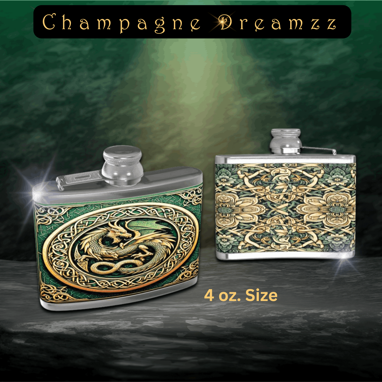 Celtic Green Dragon Leather Hip Flask - 4/6 oz- Made to Order - Contrado