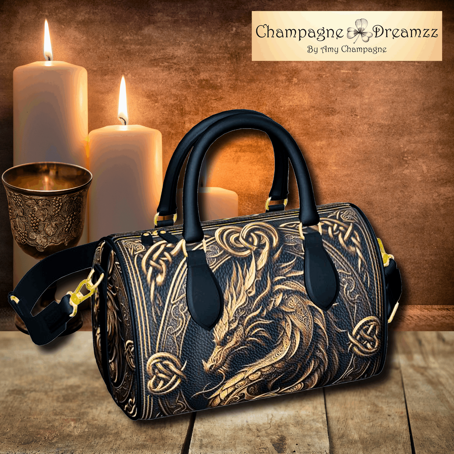 Celtic Dragon Bust - Tooled-Look Leather Mini Denbigh Duffel Handmade by Contrado