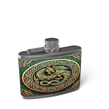 Celtic Green Dragon Leather Hip Flask - 4/6 oz- Made to Order